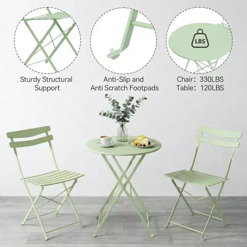 GustoWave 3-Piece Foldable Metal Bistro Set With Round Table, 2 Chairs