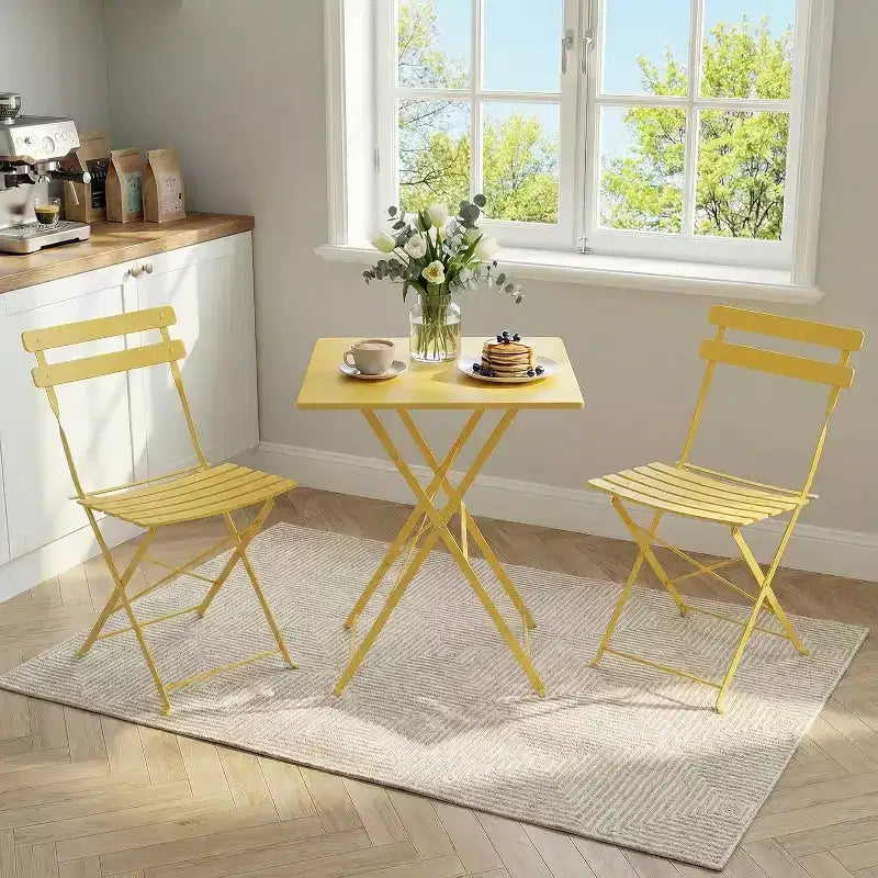 GustoWave 3-Piece Foldable Metal Bistro Set With Round Table, 2 Chairs