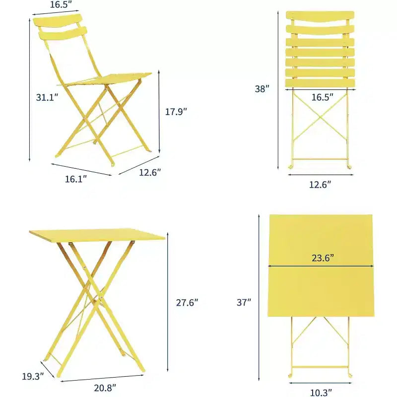 GustoWave 3-Piece Foldable Metal Bistro Set With Round Table, 2 Chairs