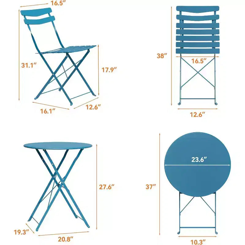 GustoWave 3-Piece Foldable Metal Bistro Set With Round Table, 2 Chairs