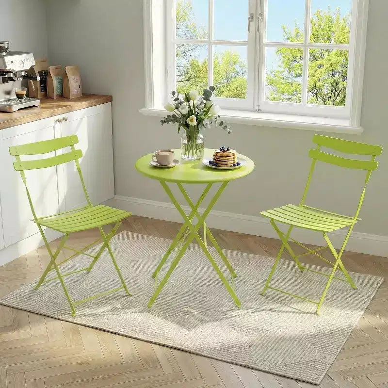 GustoWave 3-Piece Foldable Metal Bistro Set With Round Table, 2 Chairs