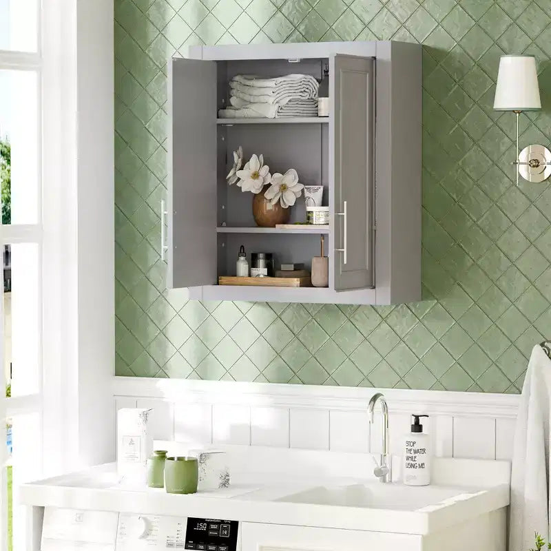 Wall Mounted Bathroom Cabinet Double Door Over Toilet Storage Cabinet with Adjustable Shelves Wall Organizer for Bathroom Kitchen Laundry Room Bedroom