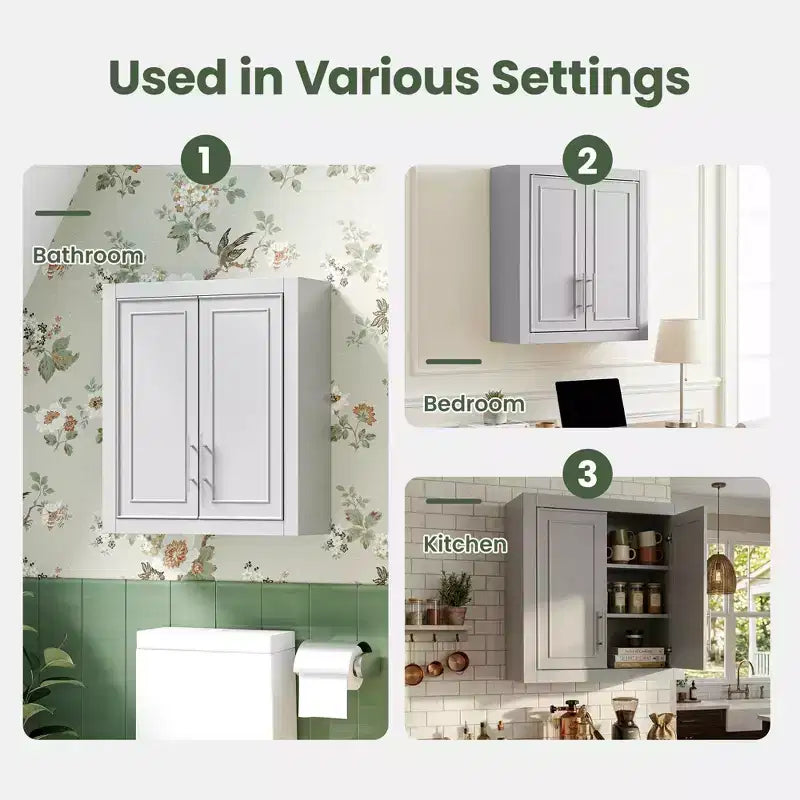 Wall Mounted Bathroom Cabinet Double Door Over Toilet Storage Cabinet with Adjustable Shelves Wall Organizer for Bathroom Kitchen Laundry Room Bedroom