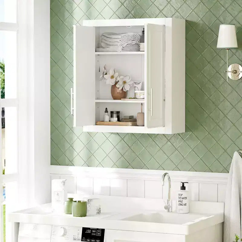 Wall Mounted Bathroom Cabinet Double Door Over Toilet Storage Cabinet with Adjustable Shelves Wall Organizer for Bathroom Kitchen Laundry Room Bedroom