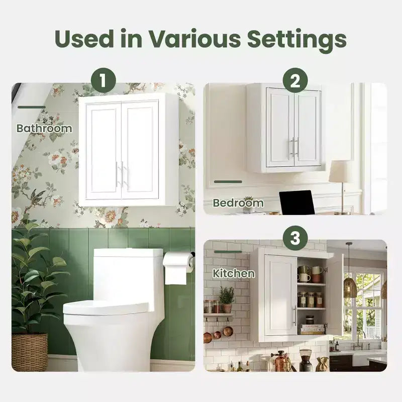 Wall Mounted Bathroom Cabinet Double Door Over Toilet Storage Cabinet with Adjustable Shelves Wall Organizer for Bathroom Kitchen Laundry Room Bedroom