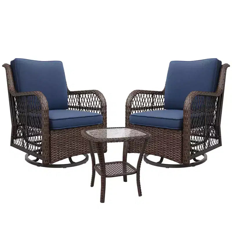 3-Piece Outdoor Swivel Wicker Glider Chair Set with Coffee Table Thick Cushions Weather Resistant Patio Bistro Set for Balcony Garden Backyard