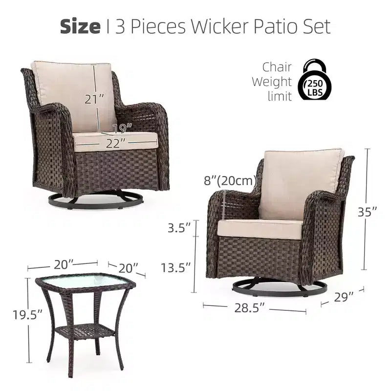 3-Piece Outdoor Swivel Wicker Glider Chair Set with Coffee Table Thick Cushions Weather Resistant Patio Bistro Set for Balcony Garden Backyard