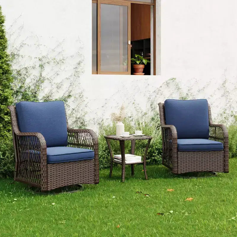 3-Piece Outdoor Swivel Wicker Glider Chair Set with Coffee Table Thick Cushions Weather Resistant Patio Bistro Set for Balcony Garden Backyard