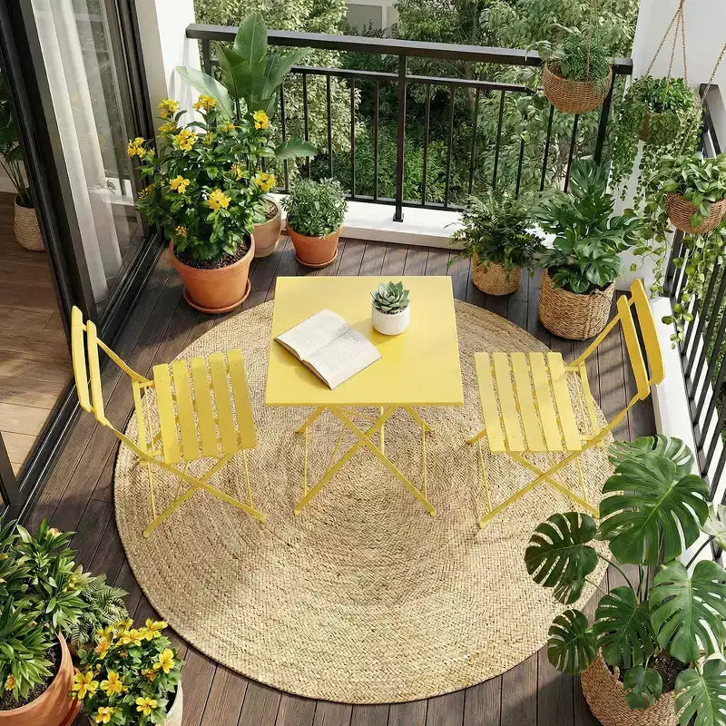 3-Piece Foldable Patio Bistro Set, Indoor/Outdoor Metal Table & 2 Folding Chairs, Compact Square Furniture for Balcony, Porch, Garden & Small Spaces