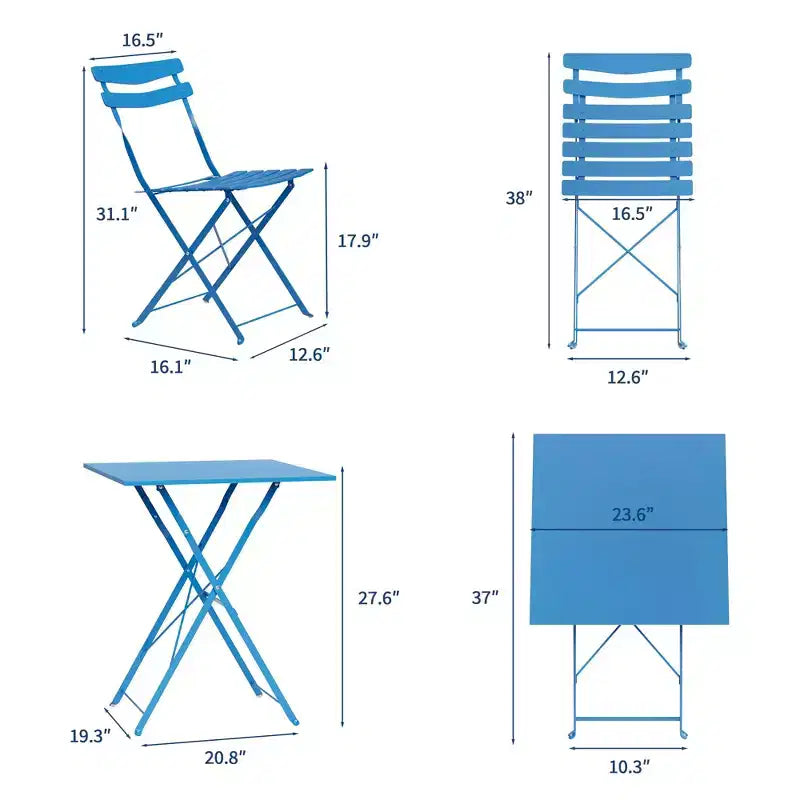 3-Piece Foldable Patio Bistro Set, Indoor/Outdoor Metal Table & 2 Folding Chairs, Compact Square Furniture for Balcony, Porch, Garden & Small Spaces