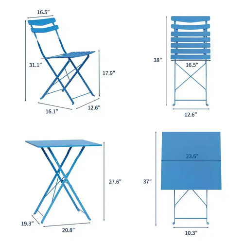 3-Piece Foldable Patio Bistro Set, Indoor/Outdoor Metal Table & 2 Folding Chairs, Compact Square Furniture for Balcony, Porch, Garden & Small Spaces