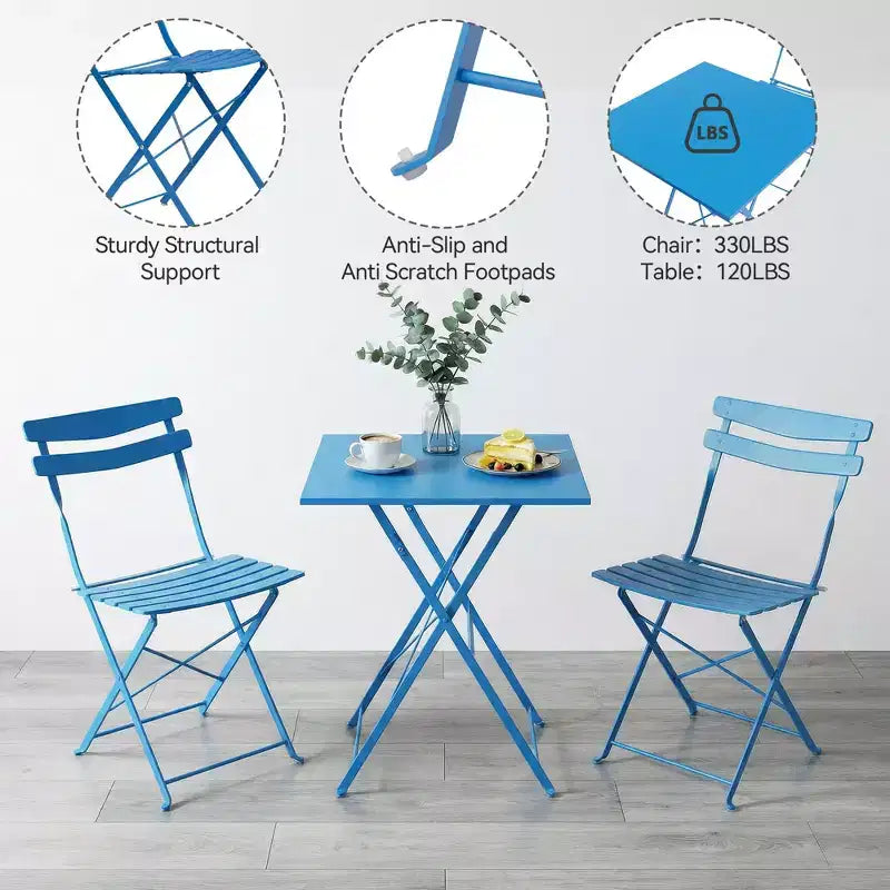 3-Piece Foldable Patio Bistro Set, Indoor/Outdoor Metal Table & 2 Folding Chairs, Compact Square Furniture for Balcony, Porch, Garden & Small Spaces