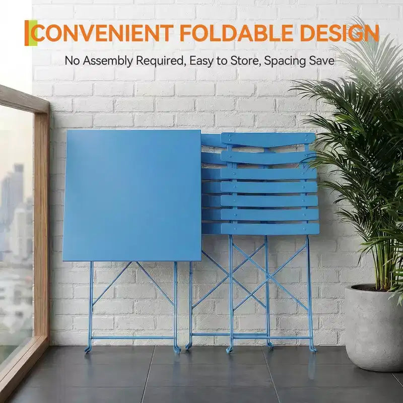 3-Piece Foldable Patio Bistro Set, Indoor/Outdoor Metal Table & 2 Folding Chairs, Compact Square Furniture for Balcony, Porch, Garden & Small Spaces