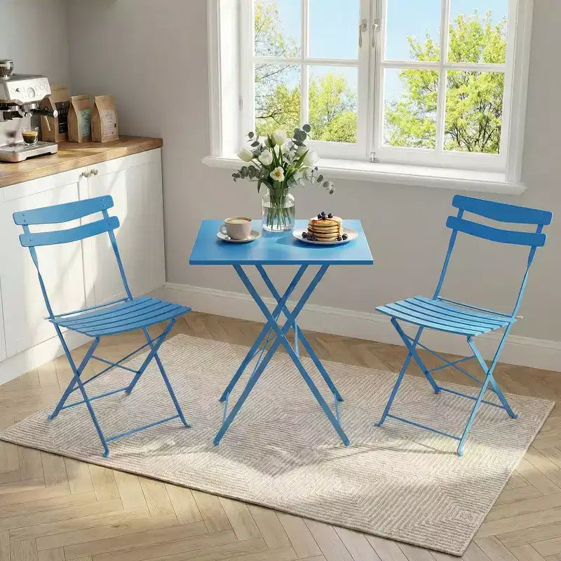 3-Piece Foldable Patio Bistro Set, Indoor/Outdoor Metal Table & 2 Folding Chairs, Compact Square Furniture for Balcony, Porch, Garden & Small Spaces