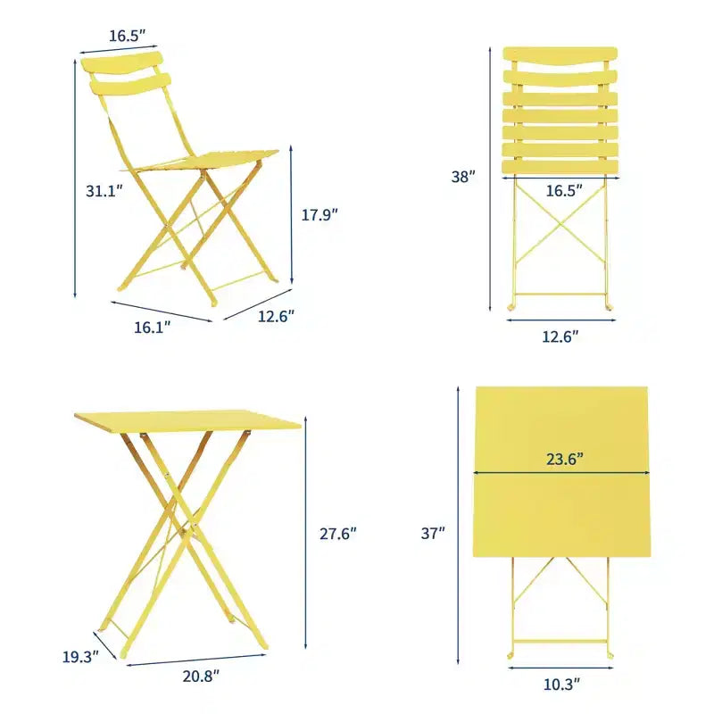 3-Piece Foldable Patio Bistro Set, Indoor/Outdoor Metal Table & 2 Folding Chairs, Compact Square Furniture for Balcony, Porch, Garden & Small Spaces
