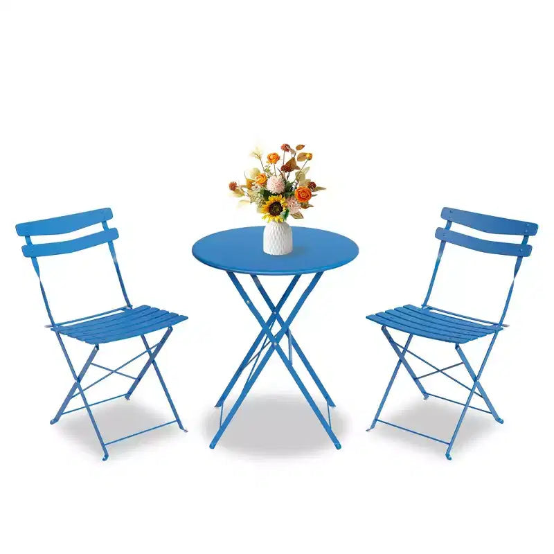 3 Piece Foldable Patio Bistro Set, Outdoor/Indoor Metal Table and Chairs Furniture, Compact Round Table with 2 Folding Chairs