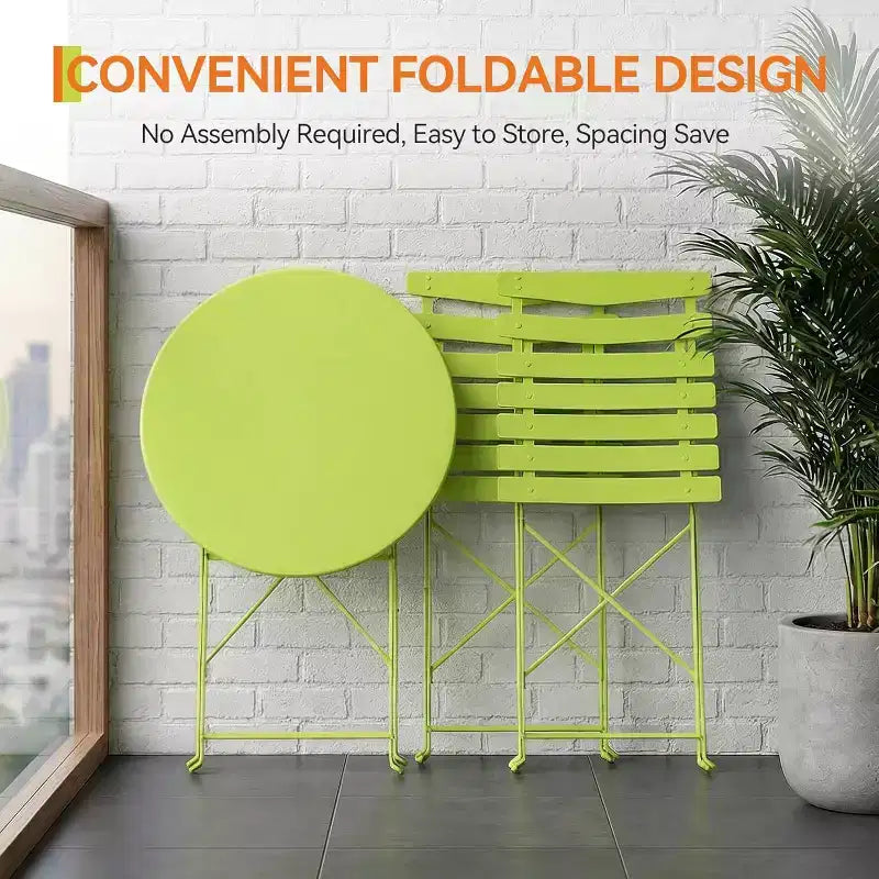 3 Piece Foldable Patio Bistro Set, Outdoor/Indoor Metal Table and Chairs Furniture, Compact Round Table with 2 Folding Chairs