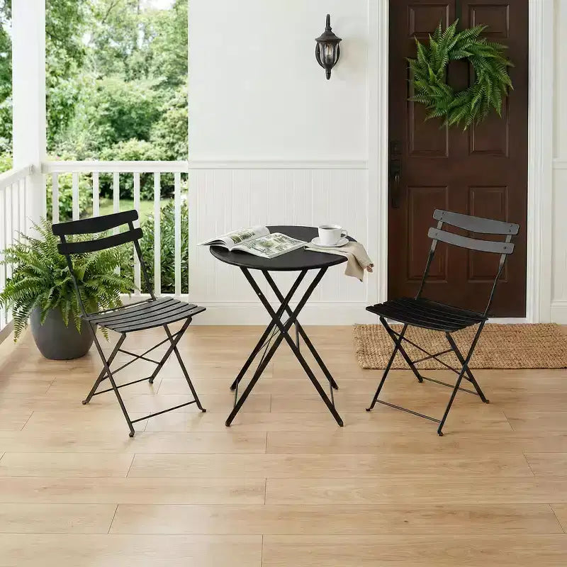 3 Piece Foldable Patio Bistro Set, Outdoor/Indoor Metal Table and Chairs Furniture, Compact Round Table with 2 Folding Chairs