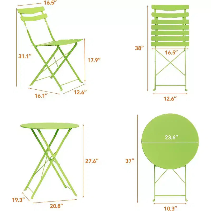3 Piece Foldable Patio Bistro Set, Outdoor/Indoor Metal Table and Chairs Furniture, Compact Round Table with 2 Folding Chairs