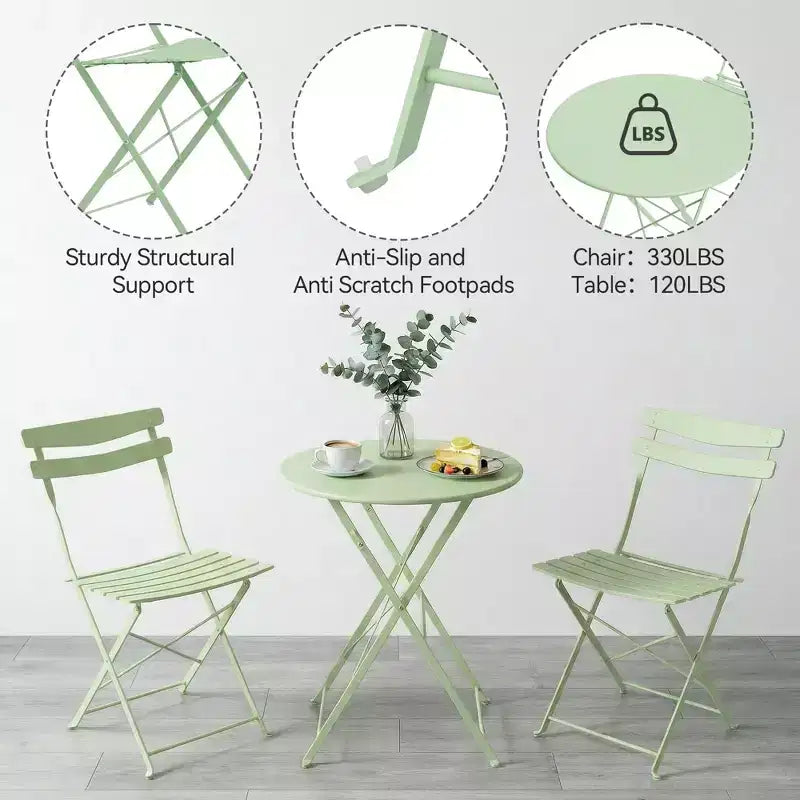 3 Piece Foldable Patio Bistro Set, Outdoor/Indoor Metal Table and Chairs Furniture, Compact Round Table with 2 Folding Chairs