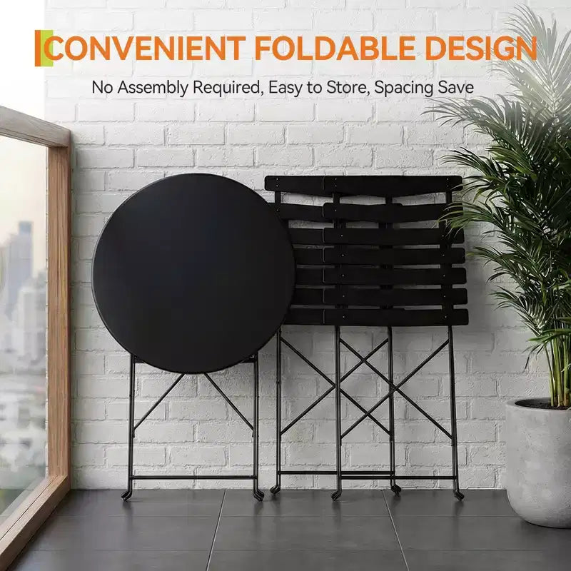 3 Piece Foldable Patio Bistro Set, Outdoor/Indoor Metal Table and Chairs Furniture, Compact Round Table with 2 Folding Chairs