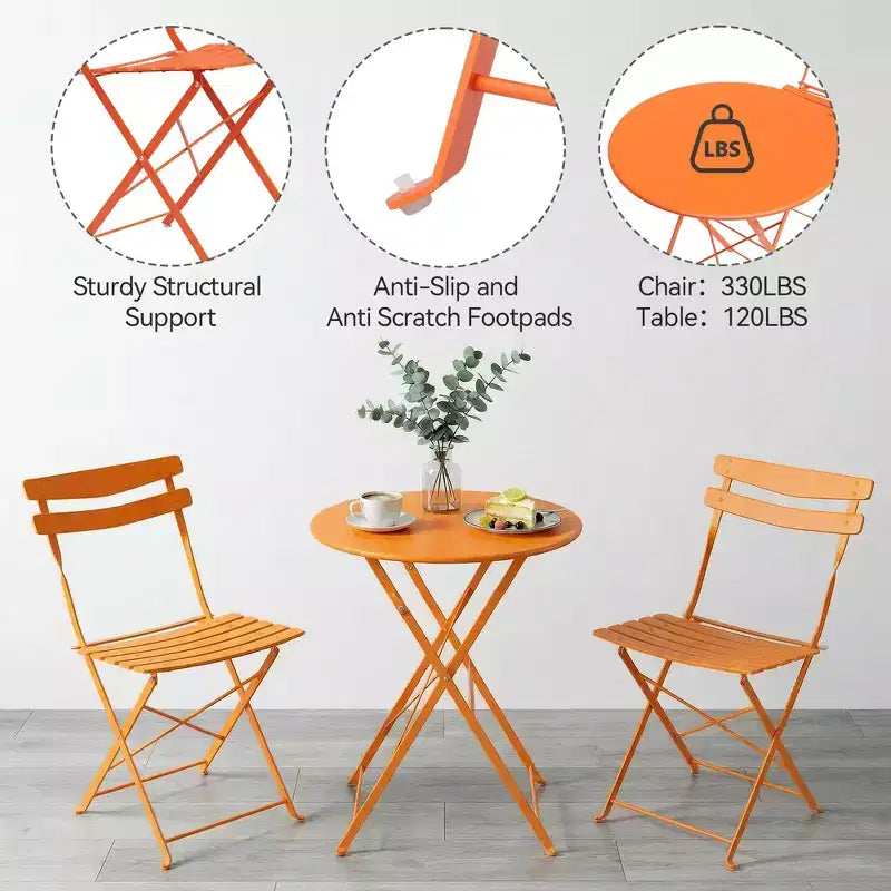 3 Piece Foldable Patio Bistro Set, Outdoor/Indoor Metal Table and Chairs Furniture, Compact Round Table with 2 Folding Chairs