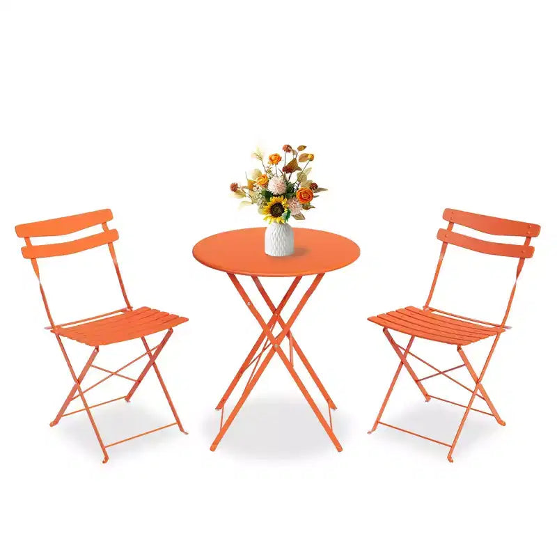 3 Piece Foldable Patio Bistro Set, Outdoor/Indoor Metal Table and Chairs Furniture, Compact Round Table with 2 Folding Chairs