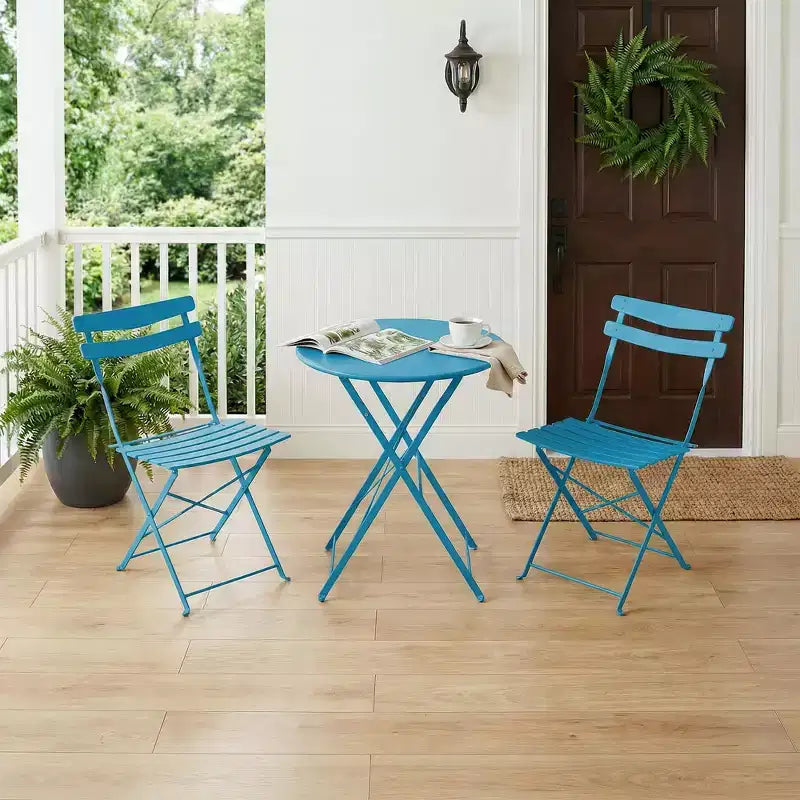 3 Piece Foldable Patio Bistro Set, Outdoor/Indoor Metal Table and Chairs Furniture, Compact Round Table with 2 Folding Chairs