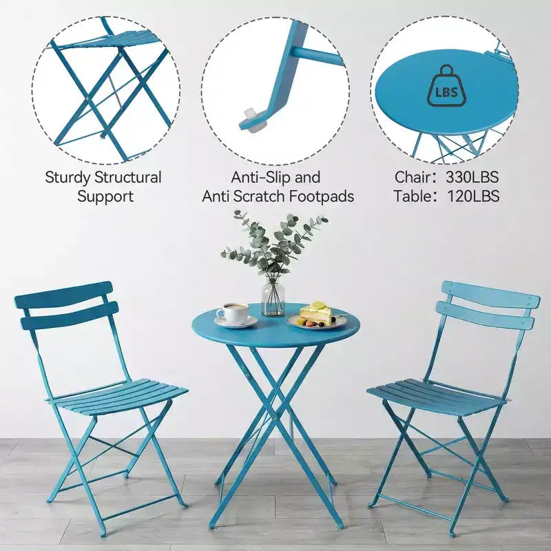 3 Piece Foldable Patio Bistro Set, Outdoor/Indoor Metal Table and Chairs Furniture, Compact Round Table with 2 Folding Chairs