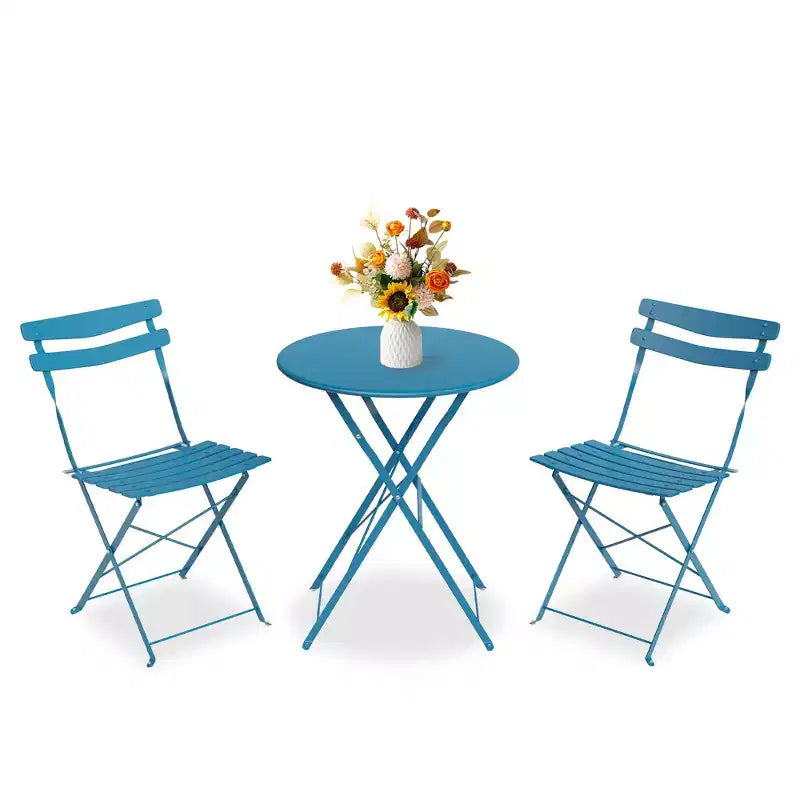 3 Piece Foldable Patio Bistro Set, Outdoor/Indoor Metal Table and Chairs Furniture, Compact Round Table with 2 Folding Chairs
