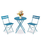 3 Piece Foldable Patio Bistro Set, Outdoor/Indoor Metal Table and Chairs Furniture, Compact Round Table with 2 Folding Chairs