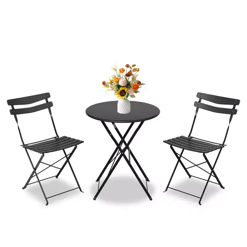 3 Piece Foldable Patio Bistro Set, Outdoor/Indoor Metal Table and Chairs Furniture, Compact Round Table with 2 Folding Chairs