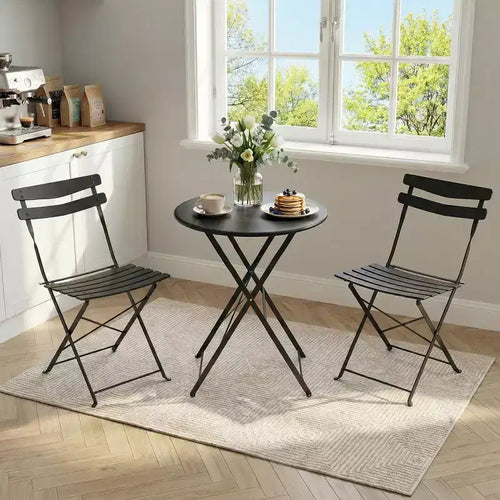 3 Piece Foldable Patio Bistro Set, Outdoor/Indoor Metal Table and Chairs Furniture, Compact Round Table with 2 Folding Chairs