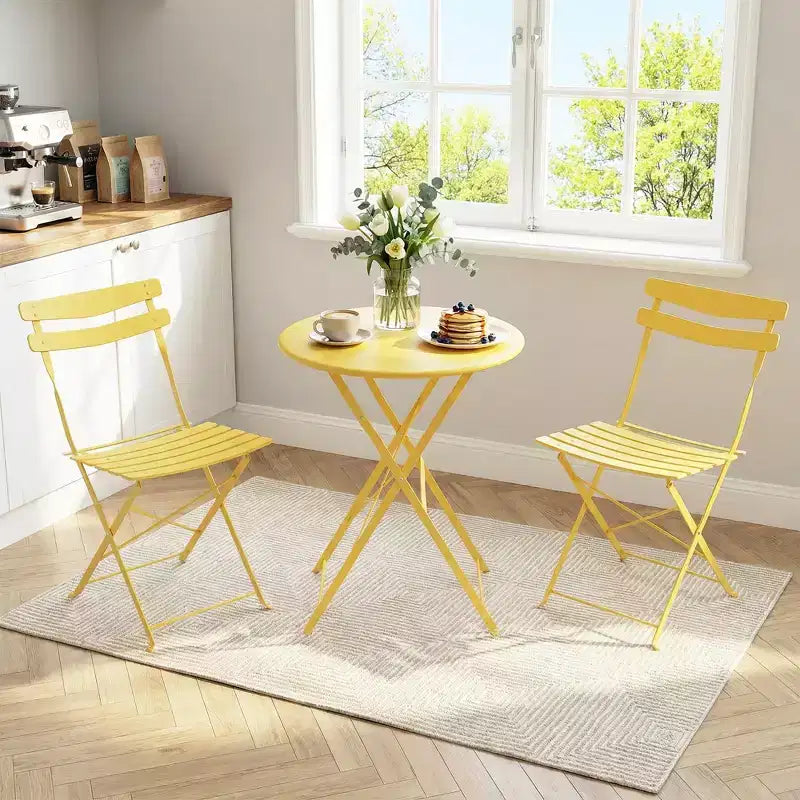 3 Piece Foldable Patio Bistro Set, Outdoor/Indoor Metal Table and Chairs Furniture, Compact Round Table with 2 Folding Chairs