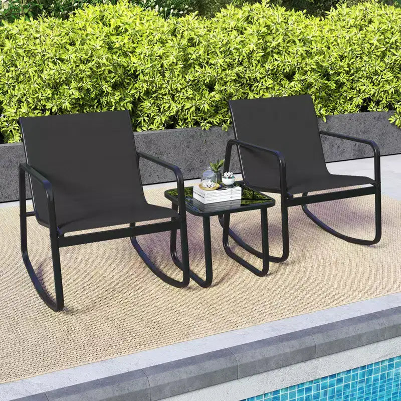 Costway 3 Piece Patio Rocking Set 2 Rocking Bistro Chairs & Glass-Top Table for Porch Black & Brown/Gray/Black/Navy