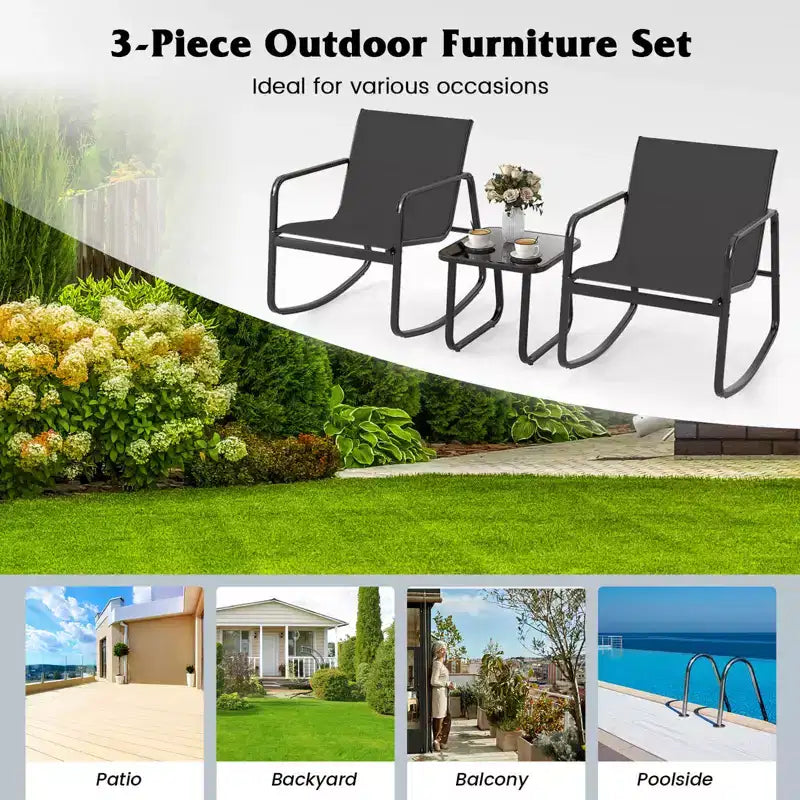 Costway 3 Piece Patio Rocking Set 2 Rocking Bistro Chairs & Glass-Top Table for Porch Black & Brown/Gray/Black/Navy