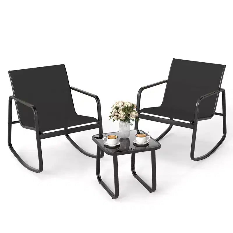 Costway 3 Piece Patio Rocking Set 2 Rocking Bistro Chairs & Glass-Top Table for Porch Black & Brown/Gray/Black/Navy