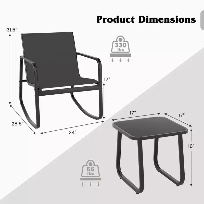 Costway 3 Piece Patio Rocking Set 2 Rocking Bistro Chairs & Glass-Top Table for Porch Black & Brown/Gray/Black/Navy
