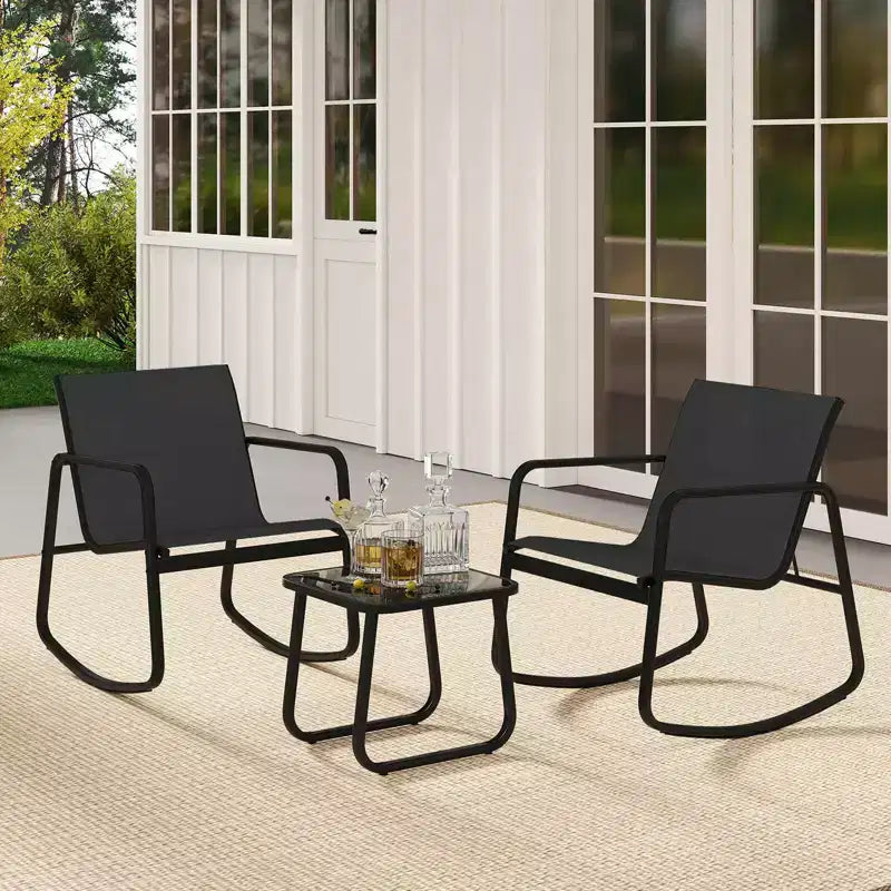 Costway 3 Piece Patio Rocking Set 2 Rocking Bistro Chairs & Glass-Top Table for Porch Black & Brown/Gray/Black/Navy