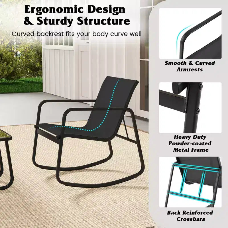 Costway 3 Piece Patio Rocking Set 2 Rocking Bistro Chairs & Glass-Top Table for Porch Black & Brown/Gray/Black/Navy