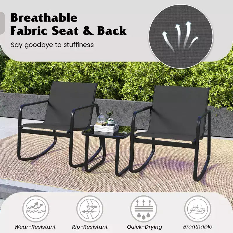 Costway 3 Piece Patio Rocking Set 2 Rocking Bistro Chairs & Glass-Top Table for Porch Black & Brown/Gray/Black/Navy