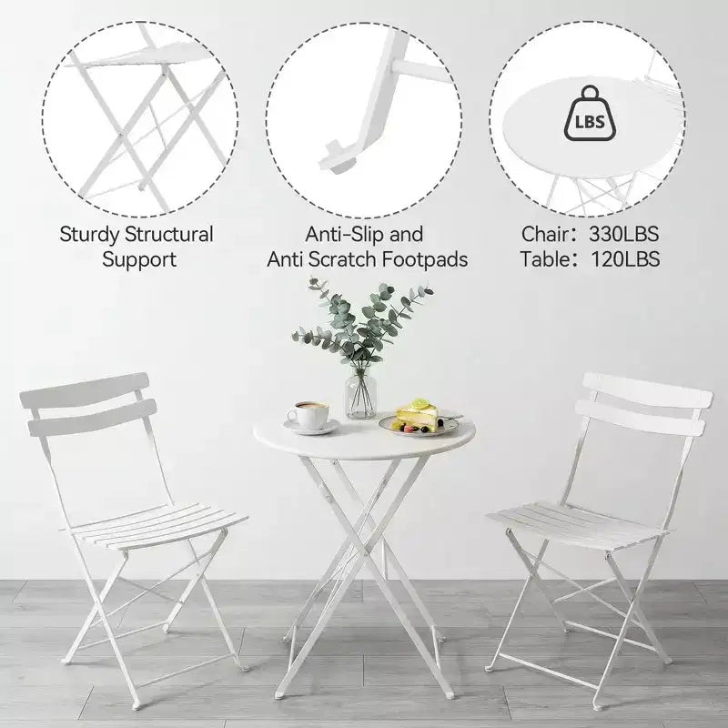 3 Piece Foldable Patio Bistro Set, Metal Round Table and 2 Chairs for Balcony, Porch, Deck or Apartment
