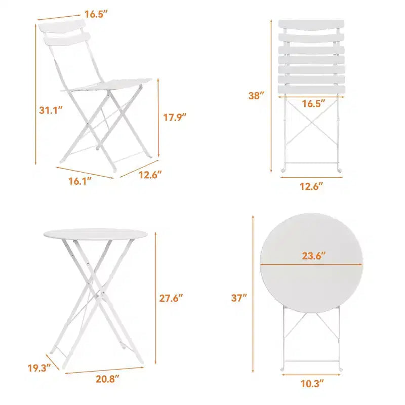 3 Piece Foldable Patio Bistro Set, Metal Round Table and 2 Chairs for Balcony, Porch, Deck or Apartment