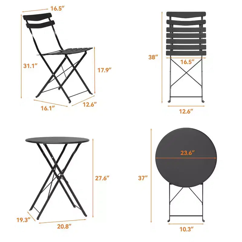 3 Piece Foldable Patio Bistro Set, Metal Round Table and 2 Chairs for Balcony, Porch, Deck or Apartment