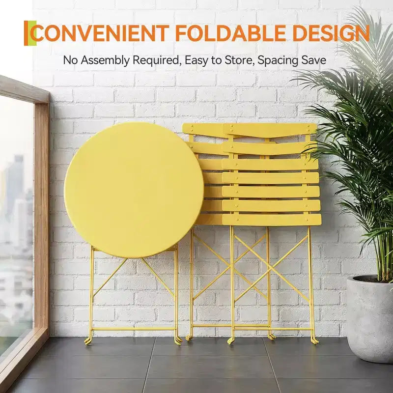 3 Piece Foldable Patio Bistro Set, Metal Round Table and 2 Chairs for Balcony, Porch, Deck or Apartment