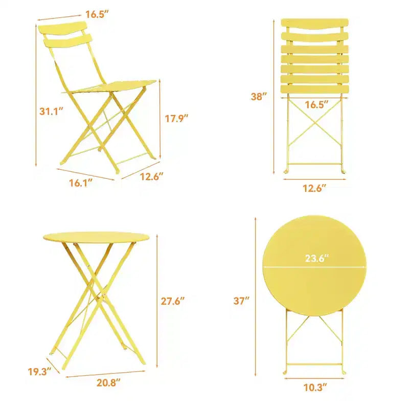 3 Piece Foldable Patio Bistro Set, Metal Round Table and 2 Chairs for Balcony, Porch, Deck or Apartment