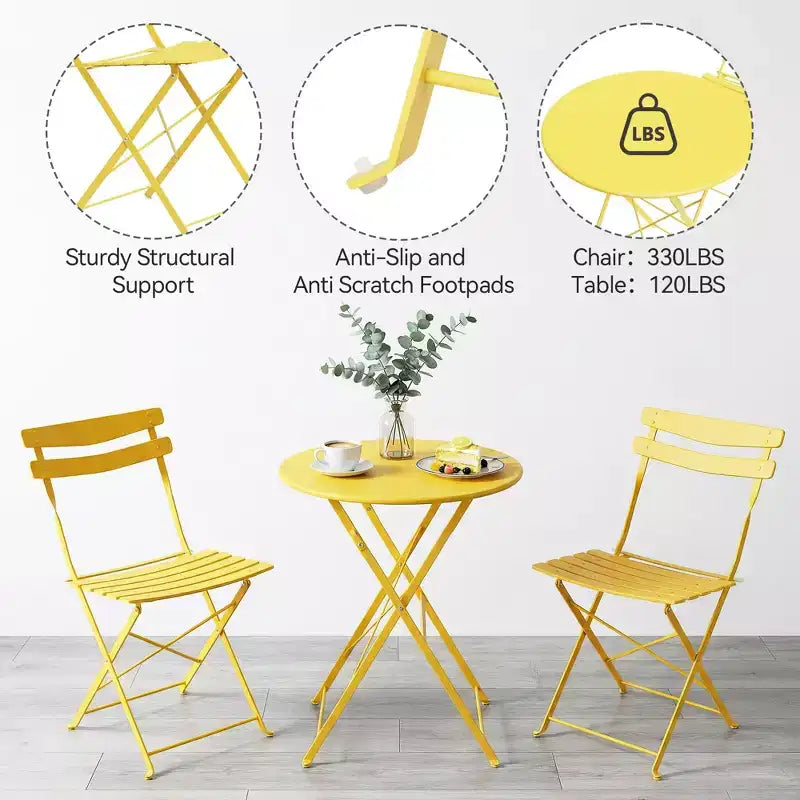 3 Piece Foldable Patio Bistro Set, Metal Round Table and 2 Chairs for Balcony, Porch, Deck or Apartment