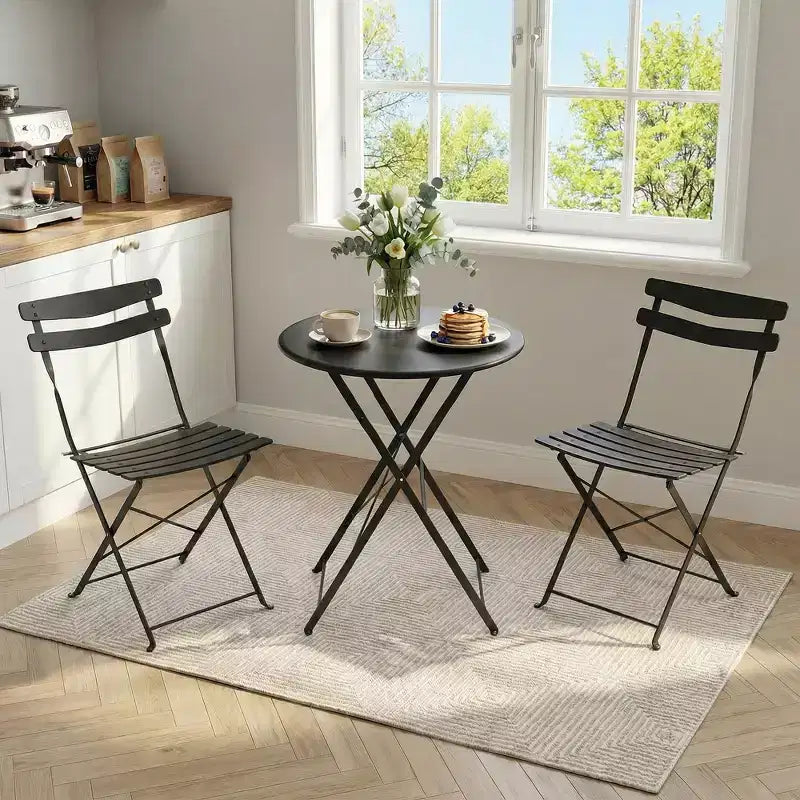 3 Piece Foldable Patio Bistro Set, Metal Round Table and 2 Chairs for Balcony, Porch, Deck or Apartment