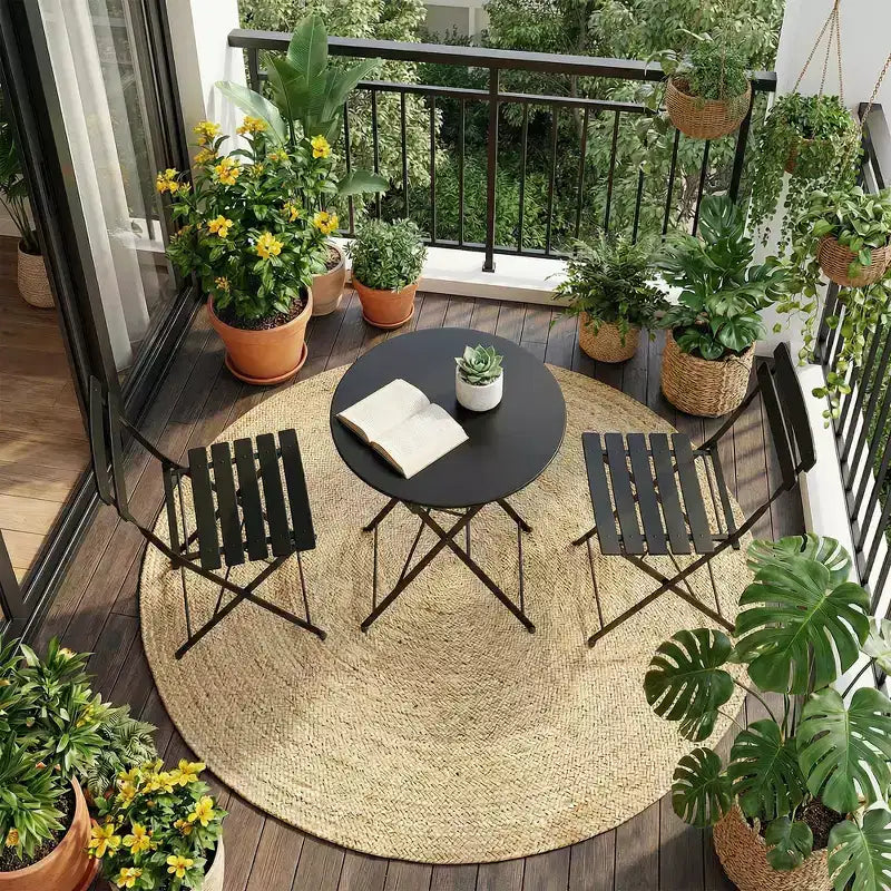 3 Piece Foldable Patio Bistro Set, Metal Round Table and 2 Chairs for Balcony, Porch, Deck or Apartment