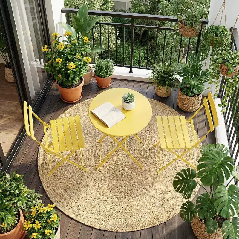 3 Piece Foldable Patio Bistro Set, Metal Round Table and 2 Chairs for Balcony, Porch, Deck or Apartment